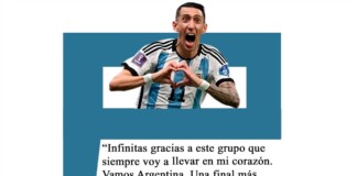Ángel Di María: «Infinitas gracias a este grupo que siempre voy a llevar en mi corazón. Vamos Argentina. Una final más, un paso más” Di Maria